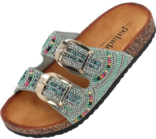 Palado Damen Pantoletten Ullak by Sila Sahin - modische Sandalen - elegante Sommerschuhe - bequeme Sandaletten mit Perlendetails Türkis UK3,5 - EU36