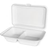 Contenedor, comidas con 2 compartimentos de bagazo de caña de azúcar desechable. 1000 ml. Pack de 50 unidades. Bandejas desechables. Caja con tapa. Envases desechables para alimentos. Cuencos.