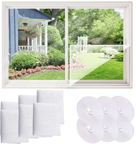 Fly Screens for Windows, 6PCS DIY Self-Adhesive Mosquito Net Universal 130 * 150cm Window Net with 5 Roll Hook Tape, Insect Mesh Curtain Fly Bug Bee Protector Screen Keep Bugs/Mosquitoes Out (White)