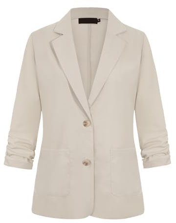 LADI TREND Womens 3/4 Ruched Sleeve UK Elegant Blazers Cotton Linen Jackets Suits Summer Lightweight Outerwear Top Suits Anniversaries (Beige L)