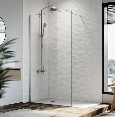 Mampara ducha fija 90x195 FABRICACION ESPAÑOLA Mampara de ducha 6mm Antical Barra de sujeción inoxidable Cristal Transparente Panel Fijo Mampara Cristal Templado PERFIL CROMO 90X195)