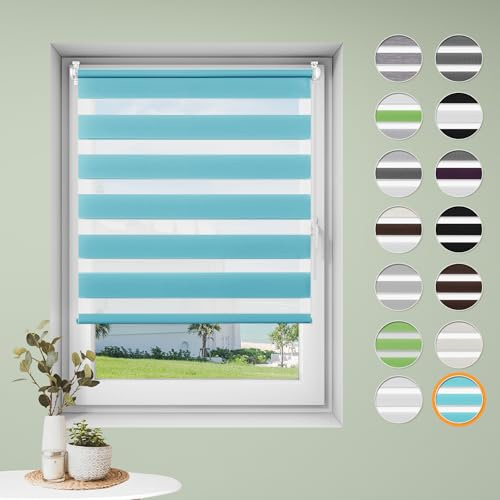 Sanfree Doppelrollo klemmfix ohne Bohren Duo Rollos für Fenster ohne Bohren Türkis B60 x H140cm-Stoffbreite 56cm Fensterrollo Klemmrollos für Fenster und Tür Sonnenschutz & Sichtschutz