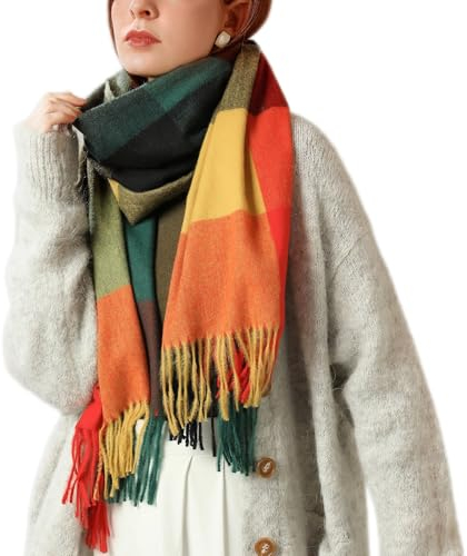 Enwokran Damen Winter Senior Plaid Kaschmir Schal Kariert Pashmina Übergroßer Herbstschal Stolen Tartan Schultertuch Mit Quasten Klassisches Karomuster Warmer Oversized Fransen Poncho (Bunt)