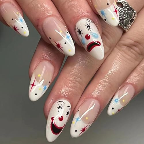 Ceboic 24 Stück Halloween White French Nägel zum Aufkleben Mandel Joker Face Design Press on Nails Full Cover Fingernägel zum Aufkleben Acrylic Künstliche Nägel für Frauen und Mädchen