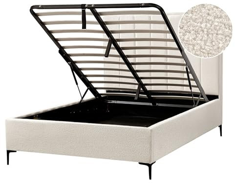Boucle EU Double Size Bed Frame 4ft6 Off-White Ottoman Storage Sezanne