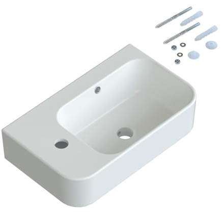 Lavabo de cerámica rectangular colgante 45 x 27 x 10,5 cm con rebosadero y orificio para grifo