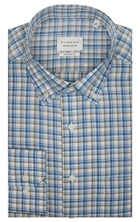 ETERNA Herren Langarm Hemd Comfort Fit | Karo Blau-Weiß | Bügelfrei, Knitterfrei, 100% Baumwolle | Button-Down Kragen Gr. 44