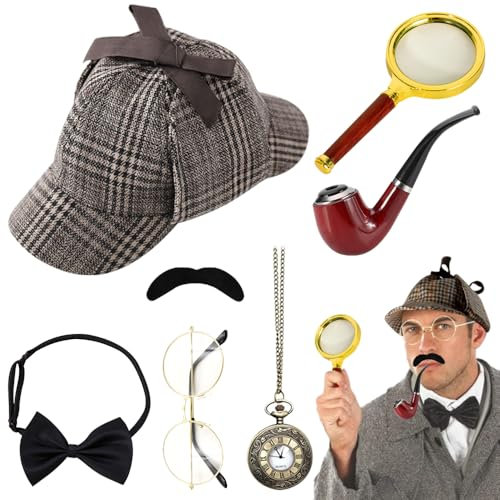 PLLYPE Set Di Accessori Per Costume Da Detective, 7 Pezzi Accessori Per Costume Da Sherlock Holmes Con Cappello Da Detective, Oggetti Di Scena Per Cosplay Da Detective Per Adulti