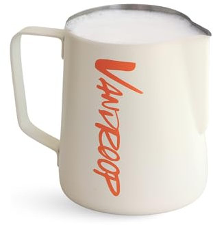 Vandroop 600ml Milchkännchen Edelstahl Barista Aufschäumkännchen Handheld, Milchaufschäumkrug Kaffee Creamer Milch Aufschäumer mit Messung Mark für Latte Art Cappuccino -Beige