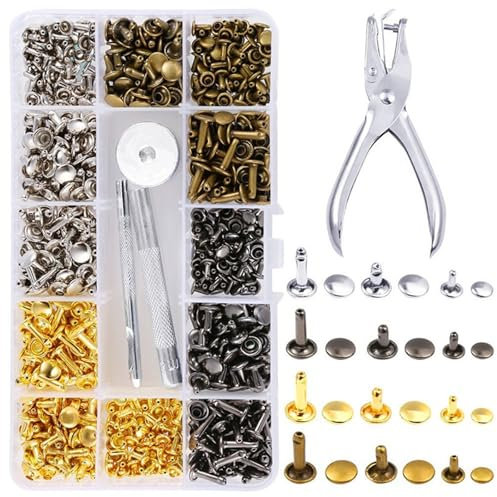 Comioke Rivetti in Pelle,180 Pezzi Ribattini per Cuoio,Rivetti Tubolari 12mm 8mm 6mm,Rivetto in Pelle con 3 Pezzi Strumenti di Fissaggio e Punch Pinze,per Borse,DIY,Jeans,Scarpe, Riparazioni,4 Colori