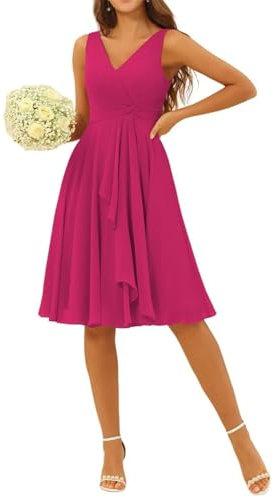 XSSX Vestido corto de gasa para dama de honor para mujer, plisado, cuello en V, vestido de noche formal, fucsia, 46