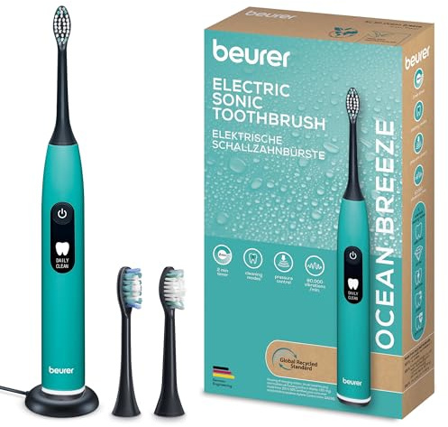 Beurer SC 50 Schallzahnbürste, elektrische Zahnbürste mit 5 Putzmodi & Andrucksensor, 80.000 Schwingungen, Display mit Putzdauer-Anzeige, inkl. 2 Aufsteckbürsten (Ocean Breeze)