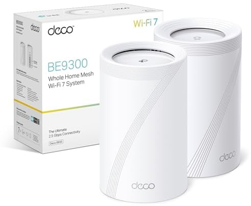 TP-Link Deco BE65(2-pack) BE9300 Mesh WiFi 7, Tri-Band Seamless AI Roaming, Mesh System with MLO,2,5 Gbps Ports, 4K-QAM, VPN Encryption,APP Control, Google Home, Alexa, HomeShield