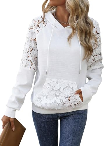 GORGLITTER Kapuzenpullover Damen Hoodie mit Spitze Langarm Sweatshirt mit Kapuze Herbst Pulli mit Taschen Elegant Langarmshirt Weiß M