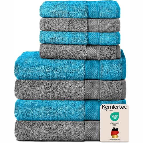 Komfortec 8er Handtücher Set, 4 Badetücher 70x140 cm & 4 Handtücher 50x100 cm, 100% Baumwolle Frottee, Flauschig und Saugstark,Dunkelgrau/Mint