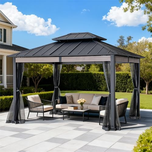 SUNJOY 3.6 x 3 m Hardtop Metal Garden Gazebo, 2-Tiers Steel Roof, with Mosquito Netting & Wood-Look Beams, UV Resistance, Outdoor Heavy-Duty Patio Shelter