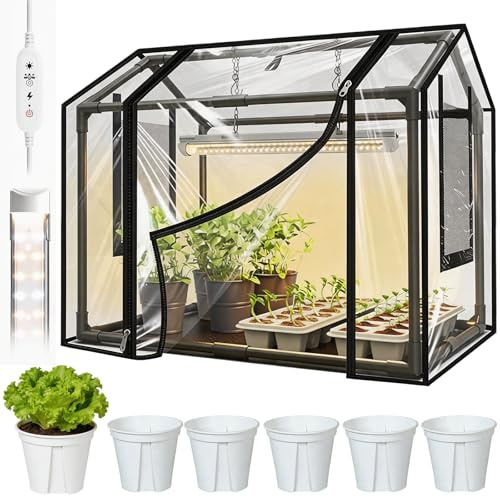 Kit de Plantation, Serre de Jardin 60 x 40 x 50 cm avec Six Petits Pots de Fleurs et Lampes pour Plantes Mini Serre de Jardin PVC Housse pour Plantes Isolante Transparente pour Jardin et Balcon