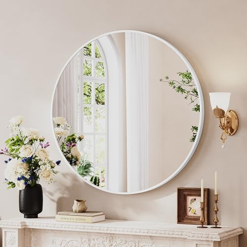 Dripex Rund Wandspiegel 70cm mit Aluminiumrahmen,dekorativer HD Wandspiegel Schminkspiegel für Badzimmer/Ankleidezimmer/Wohnzimmer,unbrechbarer Spiegel (Weiß)