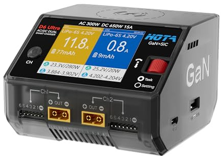 HOTA D6 Ultra GaN+SiC Smart LiPo Chargeur de batterie 650 W DC/300 W AC 15 A × 2 Dual Canal RC Chargeur de batterie pour LiPo Life LiIon NiMH plomb-acide 1-6S FPV Drone RC Voiture Bateau avec écran