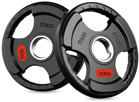 Tri Grip Olympic Weight Plates, 2-Inch (50mm) Cast Iron Barbell Discs for Home Gym Strength Training, Pairs and Sets 1.25kg to 250kg