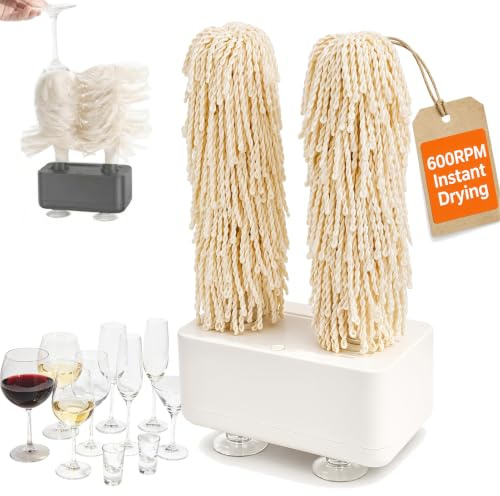 Macchina Asciugatrice Automatica per Calici da Vino, Lucidatrice Elettrica per Bicchieri con Sistema Rotante da 600 RPM e Doppie Testine Spazzola, Pulitore Professionale per Calici da Vino per White