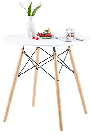 H.J WeDoo Table Basse Ronde de 2 a 4 Personnes scandinave laqué et Pieds hetre Massif - 80 x 75 cm (Blanc)