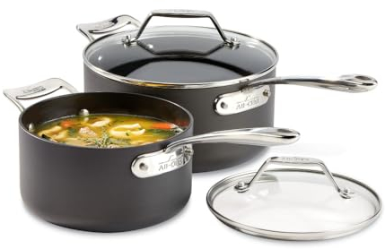All-Clad Essentials harteloxierte Antihaft-Saucenpfannen-Set, 4-teilig, 2,5 l, 4 Quart ofenfest, 500 F Töpfe und Pfannen, Kochgeschirr, schwarz