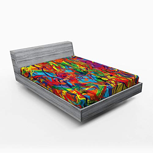 ABAKUHAUS Modern Spannbetttuch, Regenbogen-Muster Circled, Soft Dekorativer Stoff Bettwäsche Rund-um Elastischer Gummizug, 140 x 200 cm, Mehrfarbig Rot