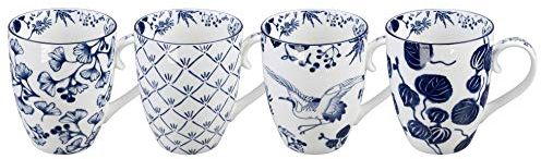 TOKYO Design Studio Flora Japonica 4-teiliges Becher-Set, Premium-Porzellan, dekorative Geschenk-Box, mikrowellen- und spülmaschinenfest, je 400 ml, Blau und Weiß
