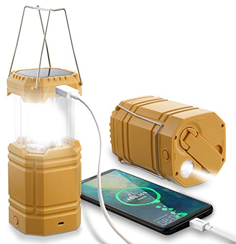 Solare lampada led campeggio, 3 in 1 Emergenza Tenda Lampada Portatile Impermeabile,4 modalità di Illuminazione, Power Bank 3000 mAh, L'escursionismo la Pesca la Caccia il Backpacking (giallo)