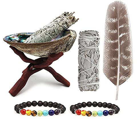 Juego de Mancha: Concha de abulón Natural de con Soporte de Madera y Pluma de Mancha, 2 Pulseras de Lava de Chakras, 2 Paquetes de Salvia Blanca, para manchar, Curar, Limpiar el, meditación, Incienso