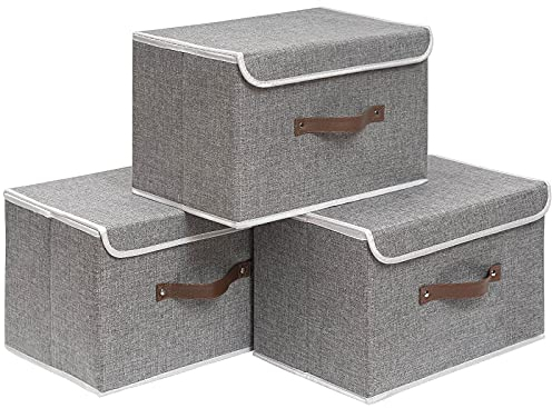 OUTBROS Large Storage Boxes for Shelves, Collapsible baskets with Lid, Linen Fabric Wardrobe Organiser For Towels, Clothes, 33 x 23 x 20 CM (Grey, 3-Pack)