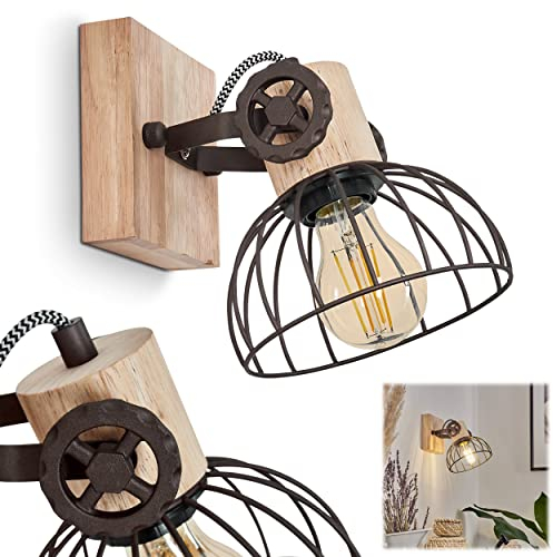 Wandleuchte Orny, Wandlampe im Vintage-Design aus Holz/Metall in Natur/Braun m. Lichteffekt, Schirm in Gitter-Optik, Leuchte m. Holzbalken, Textilkabeln, verstellbarer Strahler, E27, ohne Leuchtmittel