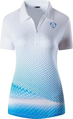 jeansian Women's Sports Breathable Long Sleeve Zipper Polo T-Shirts Tee SWT331 WhiteBlue L