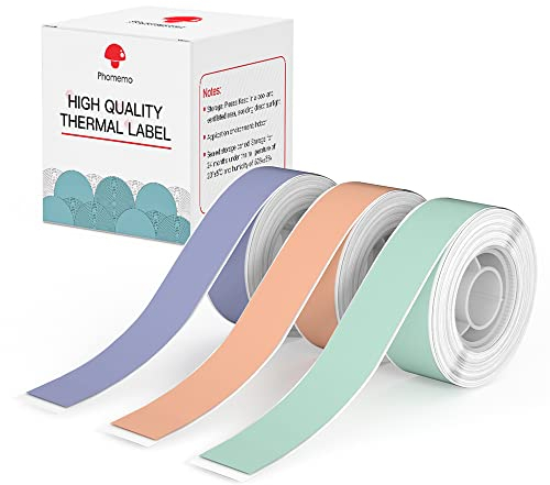 Phomemo D30 Label Maker Endlos-Etikettenband, Schwarz auf Mintgrün, Hellorange, Lavendelviolett Langer Aufkleber Thermopapier Selbstklebendes Etikettenband, 15 x 6m langes Band, 3 Rollen