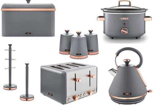 Tower Cavaletto 3KW 1.7L Pyramid Kettle, 4 Slice 1800W Toaster, 3.5L Slow Cooker, Bread Bin, Set of 3 Canisters, Mug Tree & Towel Pole in Grey & Rose Gold. Matching Kitchen Set of 9 Items
