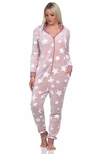 Normann Damen Schlafanzug Jumpsuit Overall in Sterneoptik aus kuschelig warmen Coralfleece