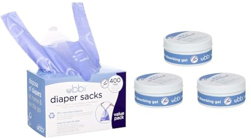 Ubbi Disposable Diaper Sacks, Lavender Scented, Easy-To-Tie Tabs, Diaper Disposal or Pet Waste Bags & Lavender Scented Absorbing Gel Value Pack - 3 Count Diaper Pail Odor Control for Baby Nursery
