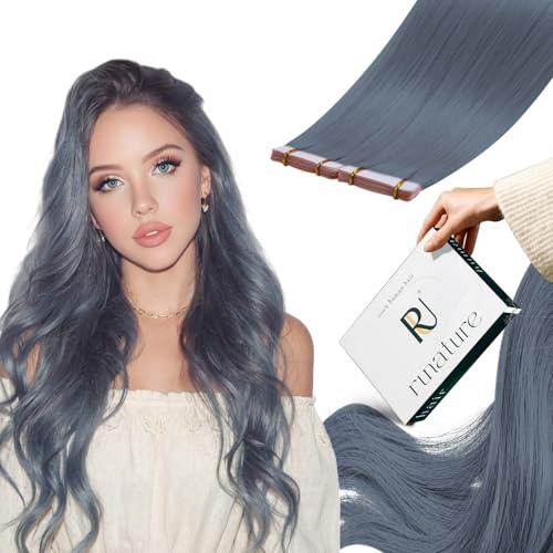 RUNATURE Tape Extensions Echthaar Blau 45cm Invisible Tape in Extensions Echthaar Hellblau Haarverlängerung 25g 10 Stück Echthaar Extensions Tape Bunt Echte Haare #Lightblue
