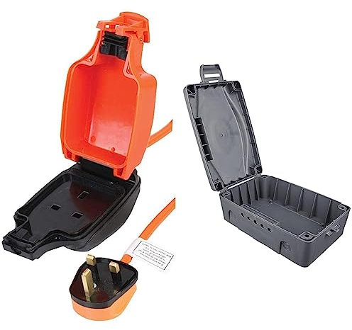 PRO ELEC PEL01010 Mains Extension Lead with Outdoor 1-Gang Socket, IP54, 15m, Orange & Masterplug WBX-MS Weatherproof Electric Box for Outdoors, 345 x 220 x 126.5 mm, Grey