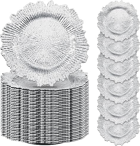 Tanlade Lot de 100 assiettes de chargement en plastique de 33 cm, assiettes décoratives florales avec bord à volants métalliques pour fête de mariage, vacances (argenté)