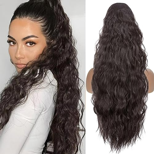 TESS Lange Pferdeschwanz Haarteil mit Kordelzug 80cm, Corn Wave Lockige Synthetische Ponytail Extension, Haarverlängerung Clip in Haarteile Haarzopf für Frauen Dunkelbraun