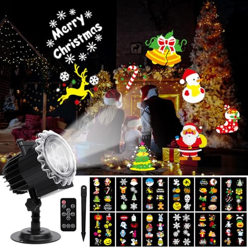 ROVLAK Proyector LED de Navidad Exterior e Interior - 12 Patrones HD, Lámpara de Proyección IP65 Impermeable con Control Remoto para Halloween, Navidad, Fiestas