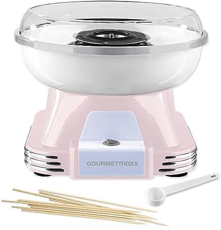 GOURMETmaxx Machine à barbe à papa pour la maison | L'original avec 10 bâtonnets & cuillère doseuse au design rétro nostalgique | Barbe a papa pour les fêtes d'enfants, les anniversaires [Rose]