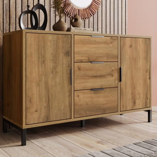SogesHome Kommode Beistellschrank Buffets mit 2 Türen und 3 Schubladen 120 x 40 x 76 cm in Dunkle Eiche Verstellbare Ablage Sideboard Highboard für Schlafzimmer & alle Wohnräume