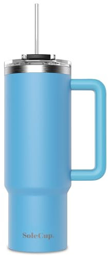 SoleCup. 30oz Travel Mug with Handle, Lid and Two Straws, Drinks Stay Hot for 8 Hours and Cold for 24 Hours - Double Wall Stainless Steel Vacuum Insulated Tumbler (Blue, 30oz)