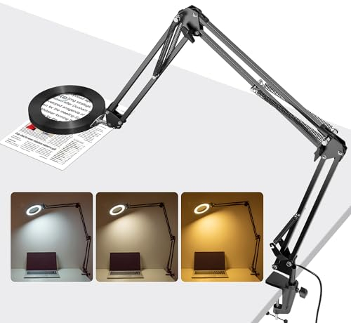 Lupe mit Licht und Ständer, Jubor 10X 15X Lupenleuchte mit Klemme und 3 Schwenkarm, Schreibtischlampe mit 3 Farbmodi Dimmbare, LED Lupenlampe für Hobby Basteln, Arbeitsplatzlampe, LED Leselampe