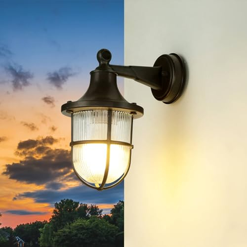 Licht-Erlebnisse Wandleuchte Außen Schwarz, Maritime Außenlampe Messing, Antik, Riffelglas, Balkon, Terrasse, IP64, E27, B:14 cm, nostalgisch, Garten, Wandlaterne Außen