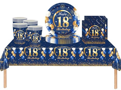 ATBEAMEN 53Pcs Navy Blue Happy 18th Birthday Party Tableware Plastic Table Cloth,Paper Plates,Napkins and Cups for Man Decorations Disposable Set Adults Party,(ATB-SStableware)