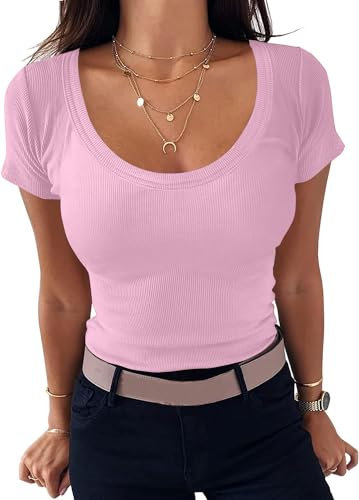 TrendiMax T-shirt à manches courtes et col rond côtelé pour femme, rose, S
